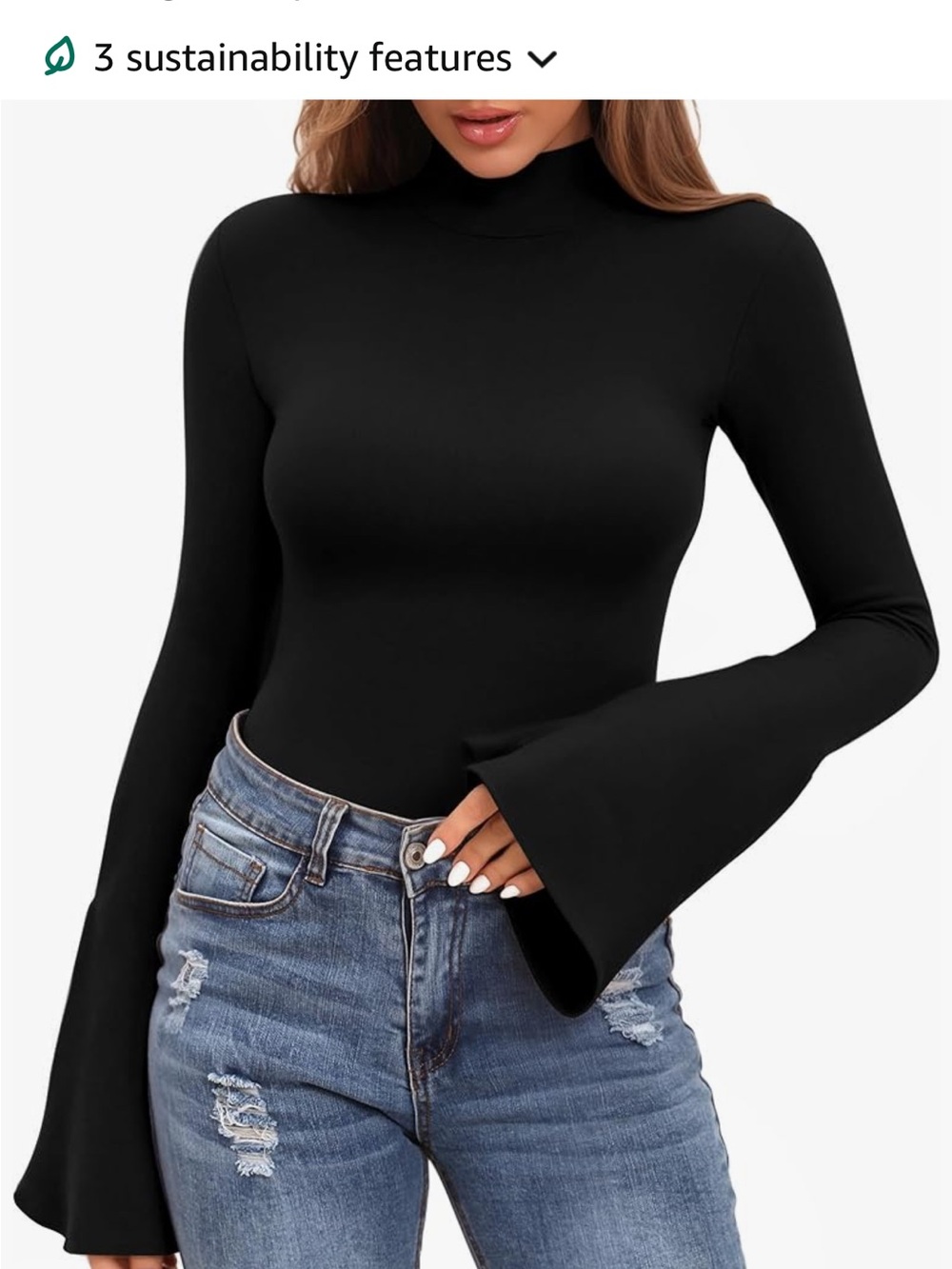 Black Bell Sleeve Mock Turtleneck Bodysuit - Women's Long Sleeve